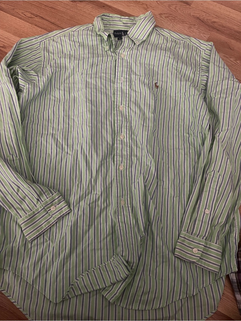 Ralph Lauren Green and White Striped Button-Down Shirt